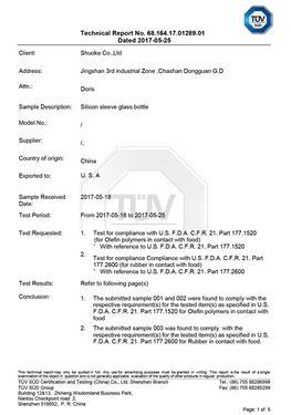 Informe de ensayo FDA de botella de agua de vidrio de silicona
