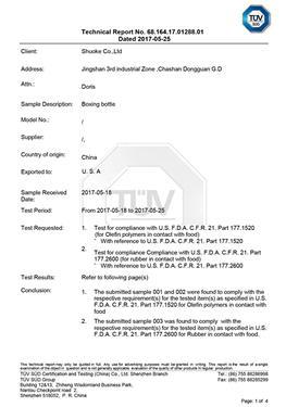 Informe de ensayo FDA de botella de agua para hacer boxeo